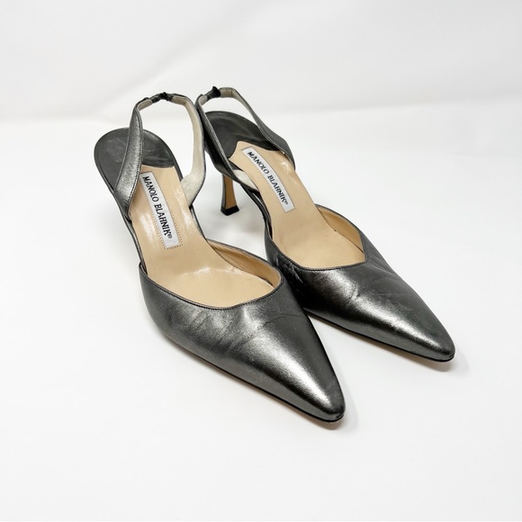 Manolo Blahnik Carolyne 70mm Silver Leather Slingback Pumps  Heels Size 39 - Picture 3 of 12